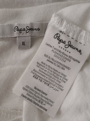 Eticheta marime si compozitie (rotita dreapta) - Tricou Pepe Jeans alb din 100%bumbac – XL – Femei