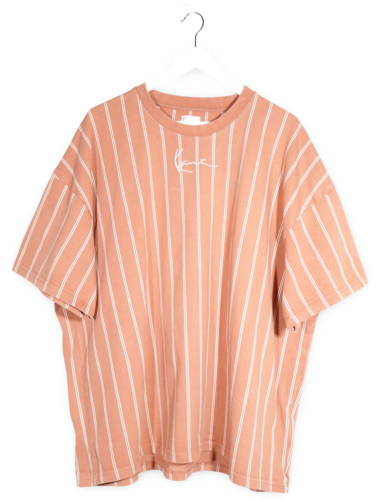 Tricou Karl Kani somon/portocaliu pal cu dungi albe mărime XL vedere din față second-hand premium