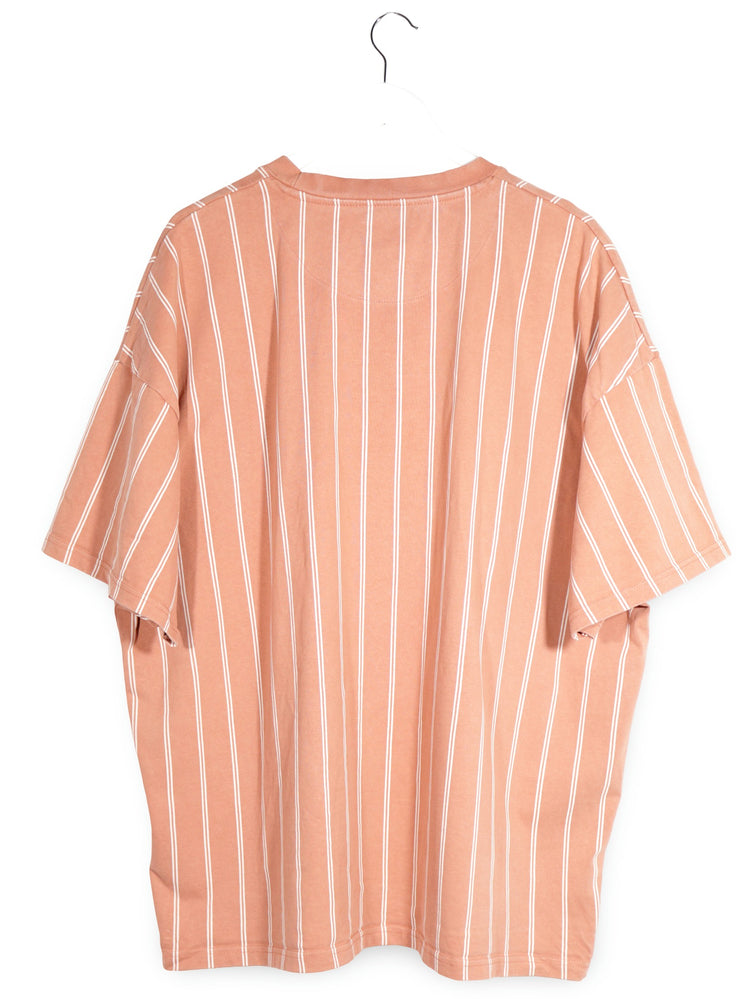 Tricou Karl Kani somon/portocaliu pal cu dungi albe mărime XL vedere din spate second-hand premium