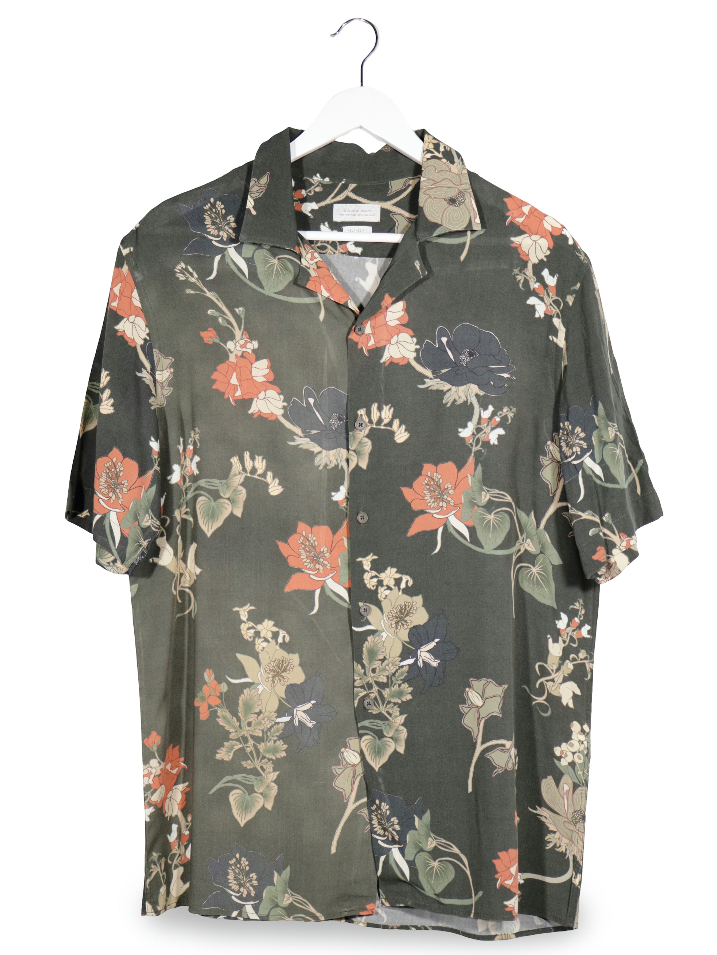 Camasa ZARA verde închis cu imprimeu floral multicolor mărime L vedere din față second-hand premium