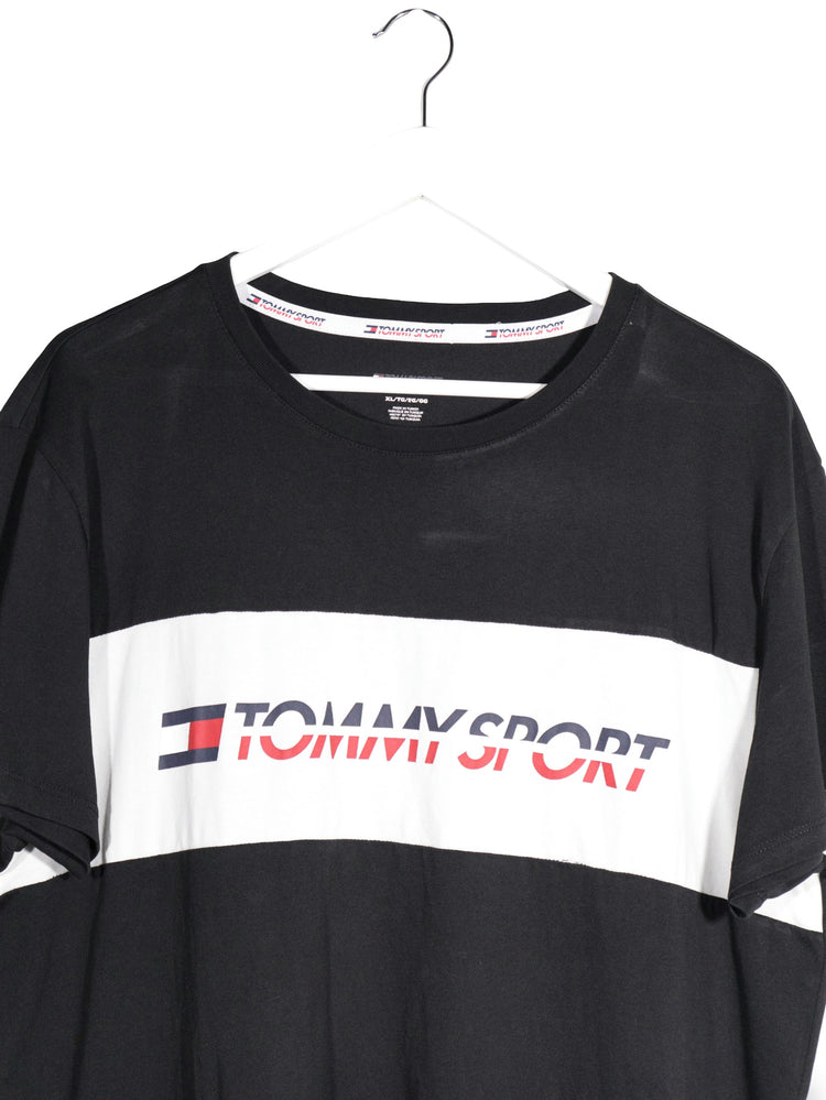 Tricou Tommy Sport negru, alb, rosu mărime XL detaliu material și croială second-hand premium