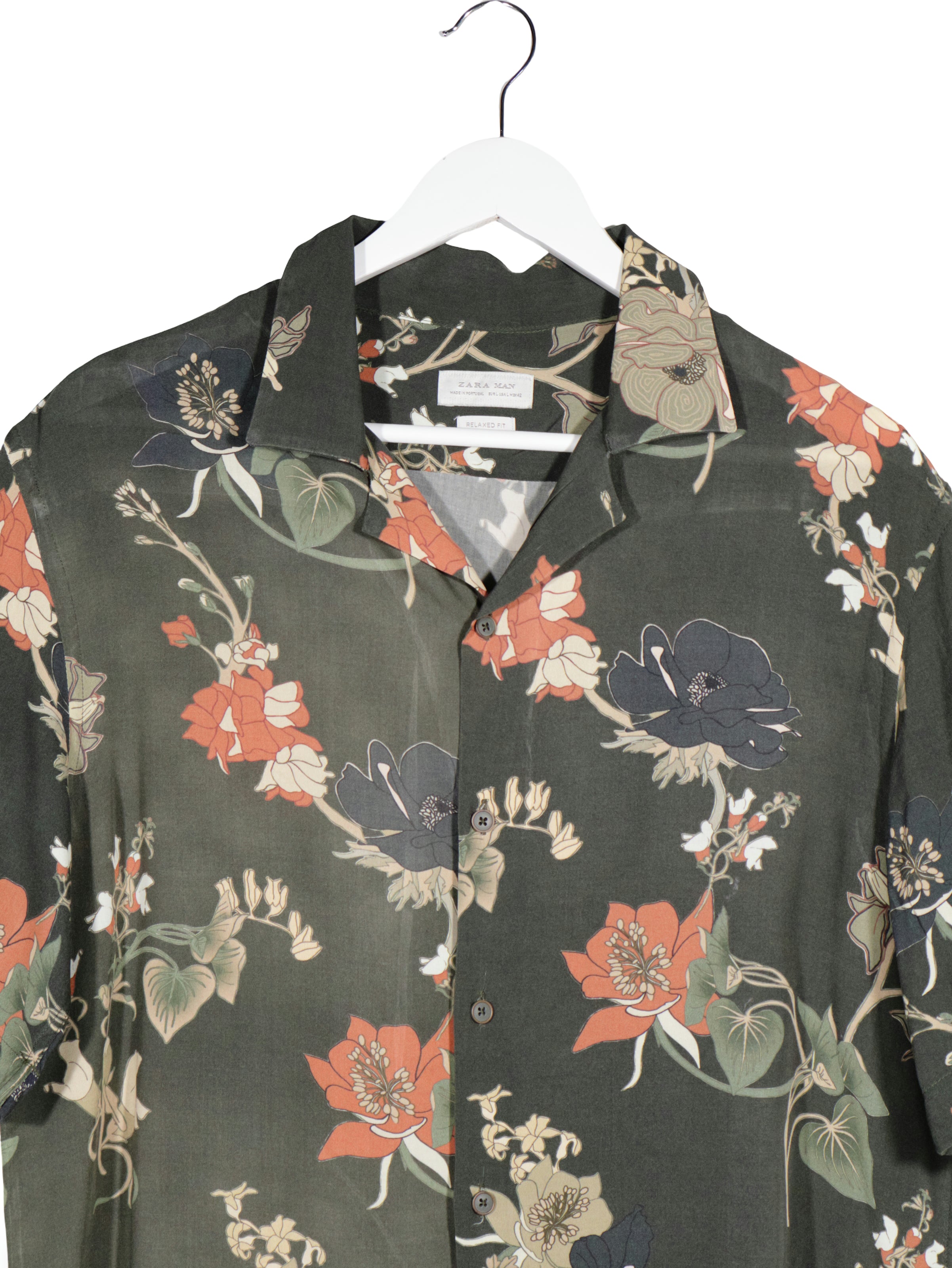 Camasa ZARA verde închis cu imprimeu floral multicolor mărime L detaliu material și croială second-hand premium