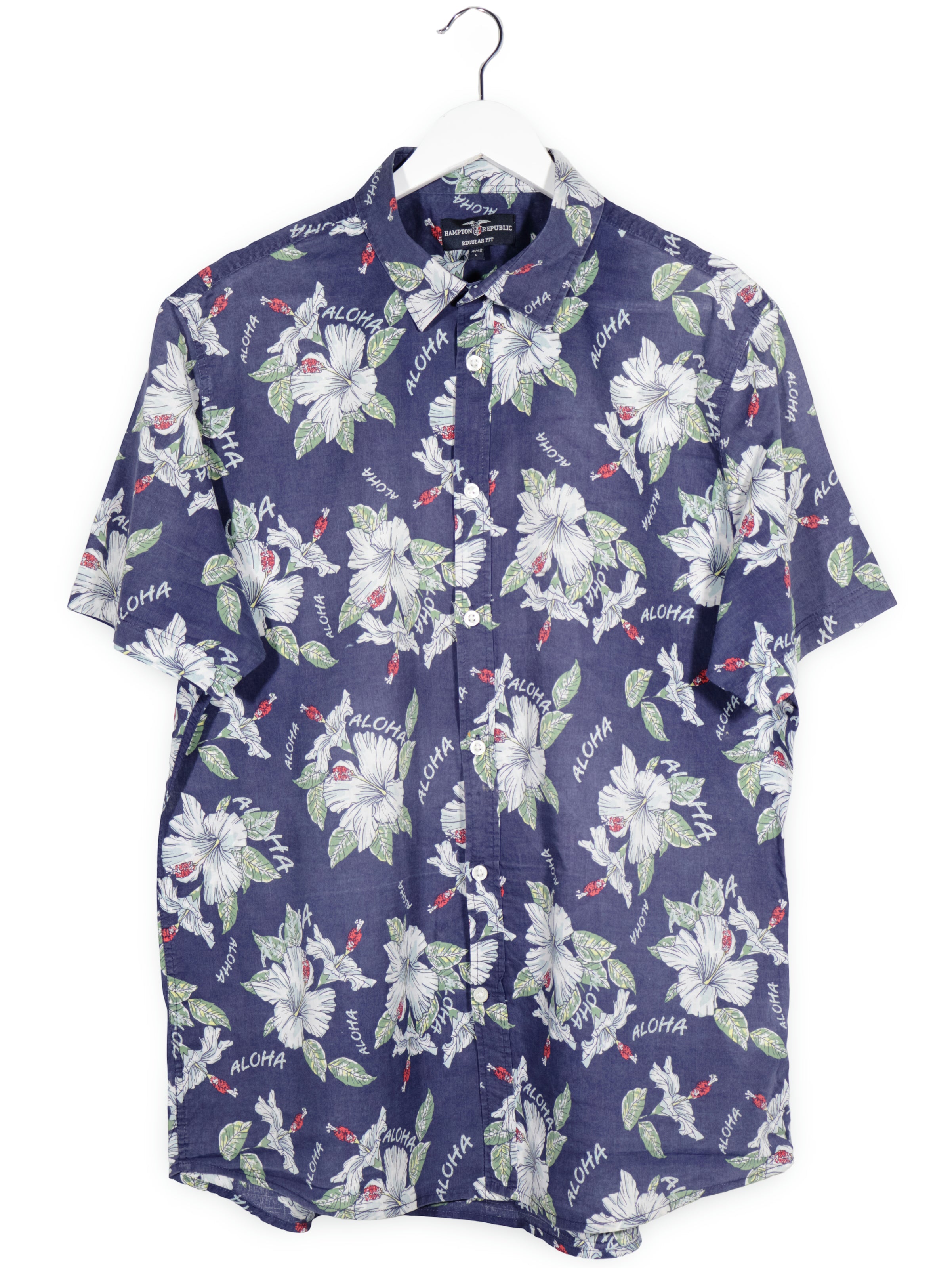 Camasa Hampton Republic bleumarin cu imprimeu floral si text „aloha” mărime L vedere din față second-hand premium