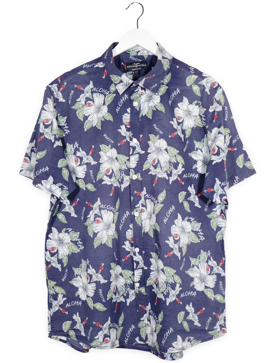 Camasa Hampton Republic bleumarin cu imprimeu floral si text „aloha” mărime L vedere din față second-hand premium