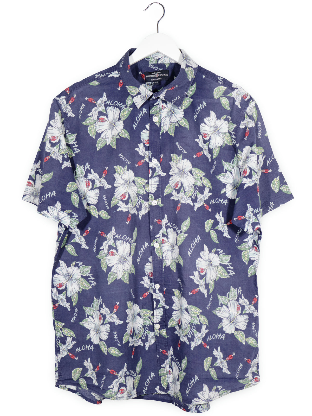 Camasa Hampton Republic bleumarin cu imprimeu floral si text „aloha” mărime L vedere din față second-hand premium