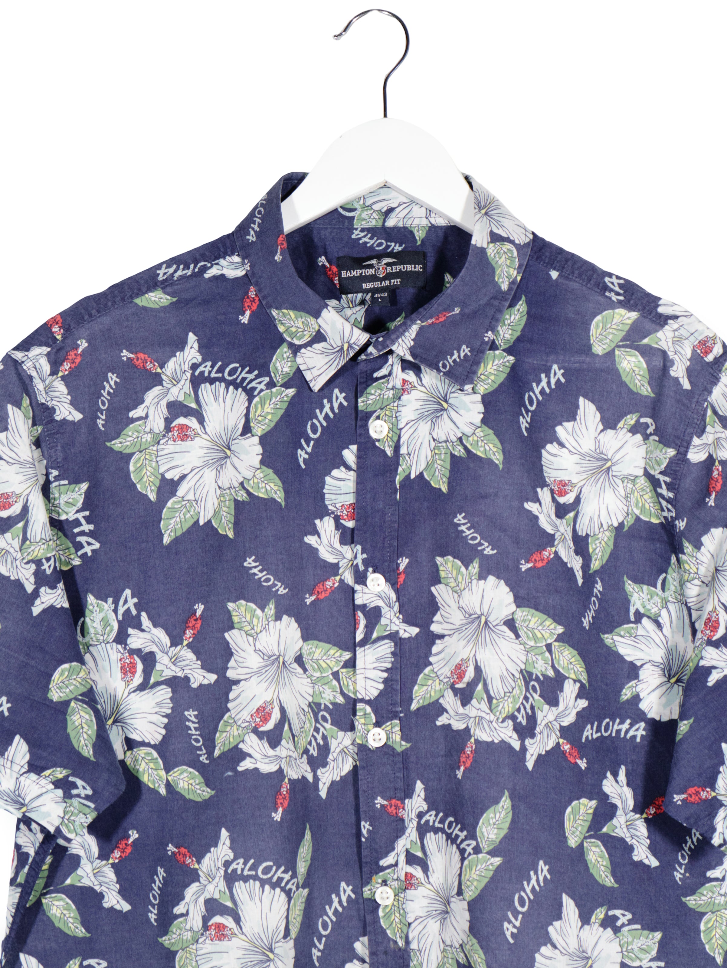 Camasa Hampton Republic bleumarin cu imprimeu floral si text „aloha” mărime L detaliu material și croială second-hand premium