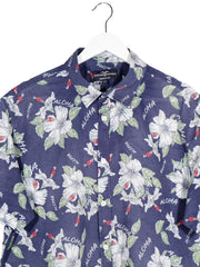 Camasa Hampton Republic bleumarin cu imprimeu floral si text „aloha” mărime L detaliu material și croială second-hand premium
