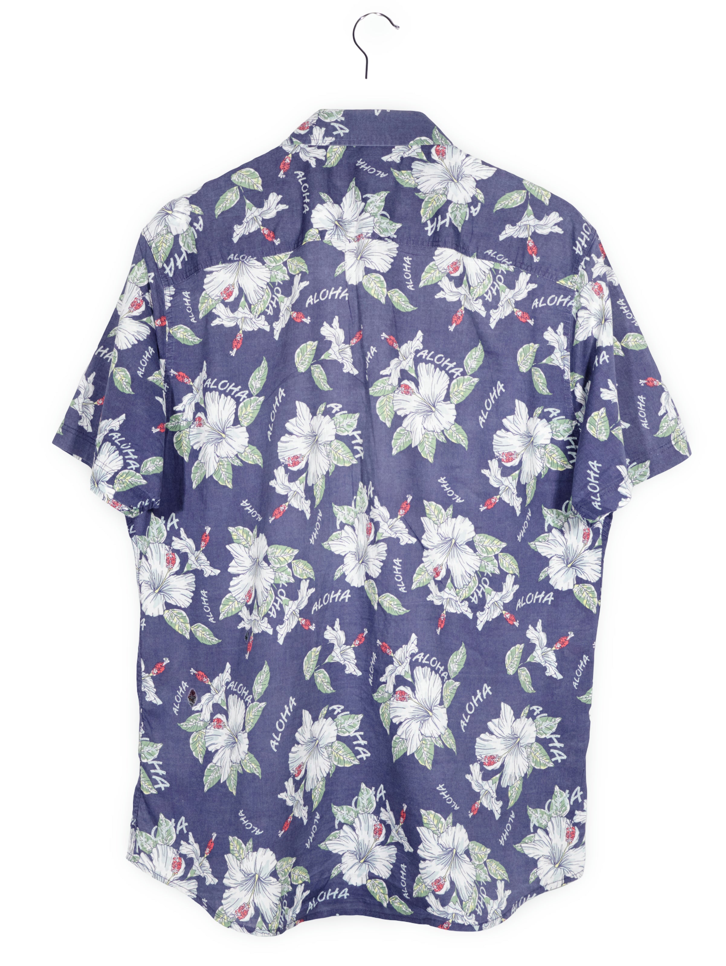 Camasa Hampton Republic bleumarin cu imprimeu floral si text „aloha” mărime L vedere din spate second-hand premium