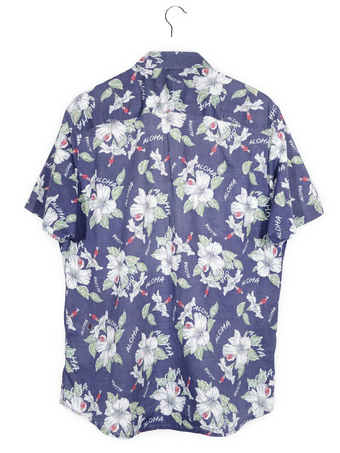 Camasa Hampton Republic bleumarin cu imprimeu floral si text „aloha” mărime L vedere din spate second-hand premium