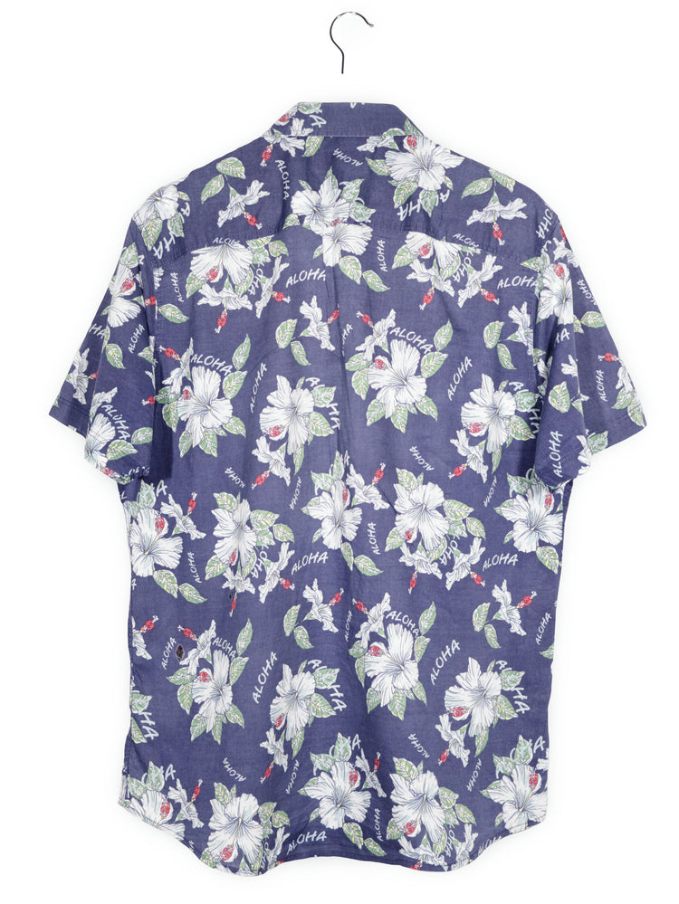 Camasa Hampton Republic bleumarin cu imprimeu floral si text „aloha” mărime L vedere din spate second-hand premium