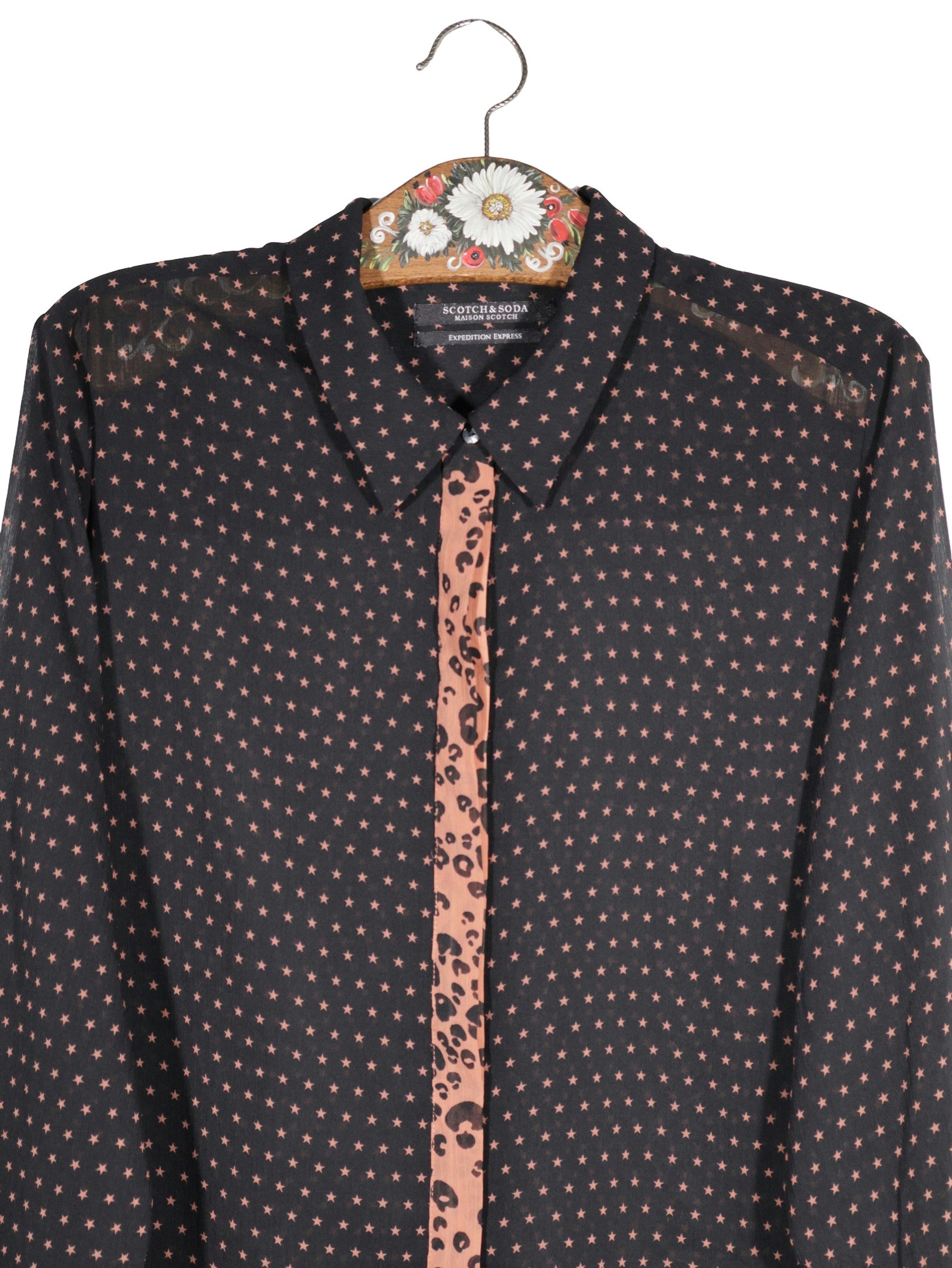 Camasa Scotch&Soda negru cu imprimeu roz piersică mărime XL detaliu material și croială second-hand premium