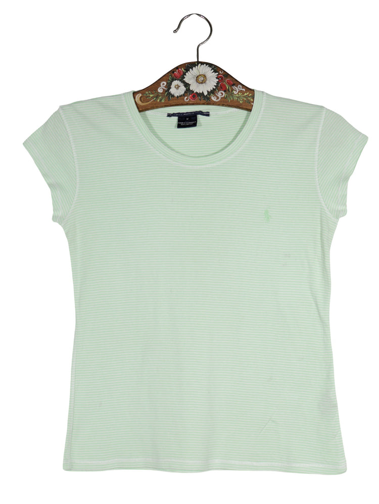 Tricou Ralph Lauren verde deschis cu dungi albe mărime M vedere din față second-hand premium