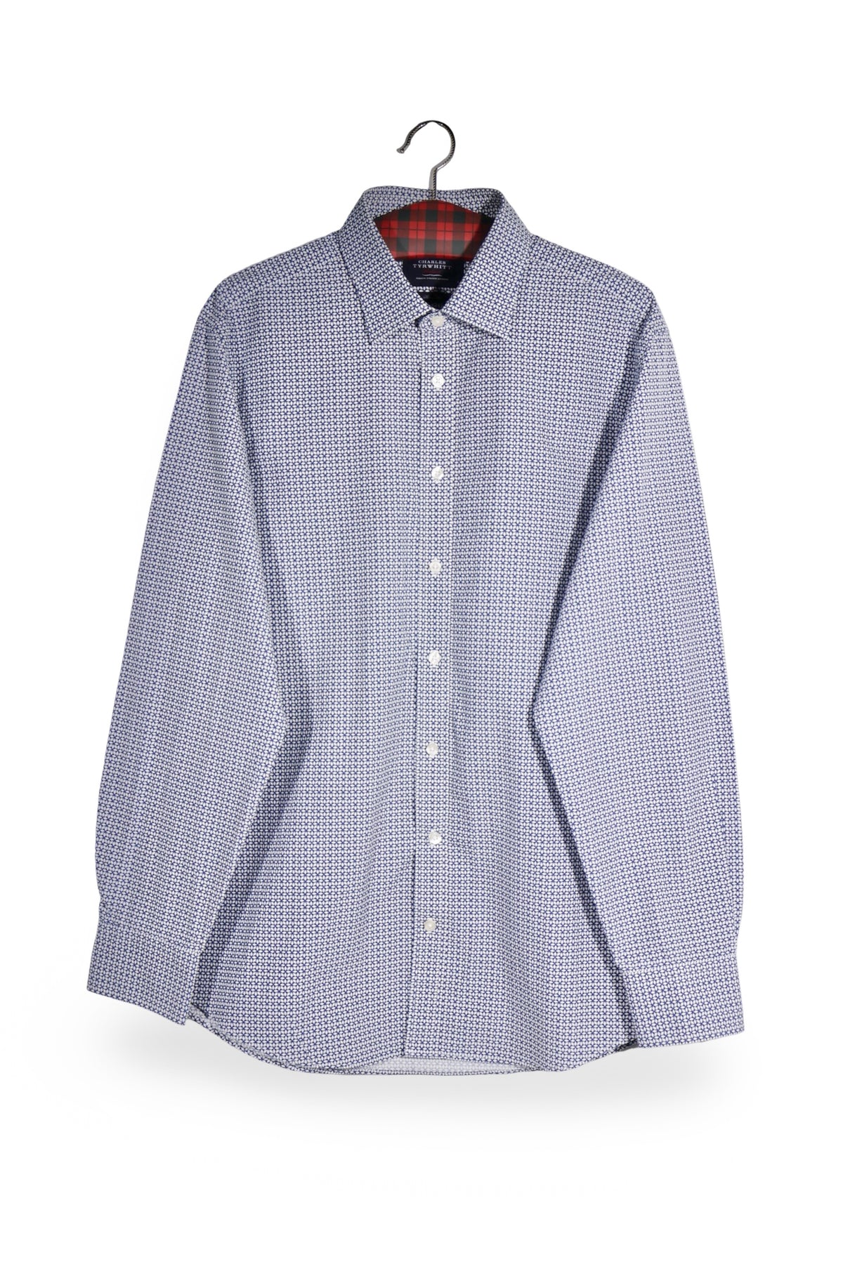 Cămașă - CHARLES TYRWHITT alb-albastră din bumbac cu microimprimeu geometric – L – Bărbați - fata