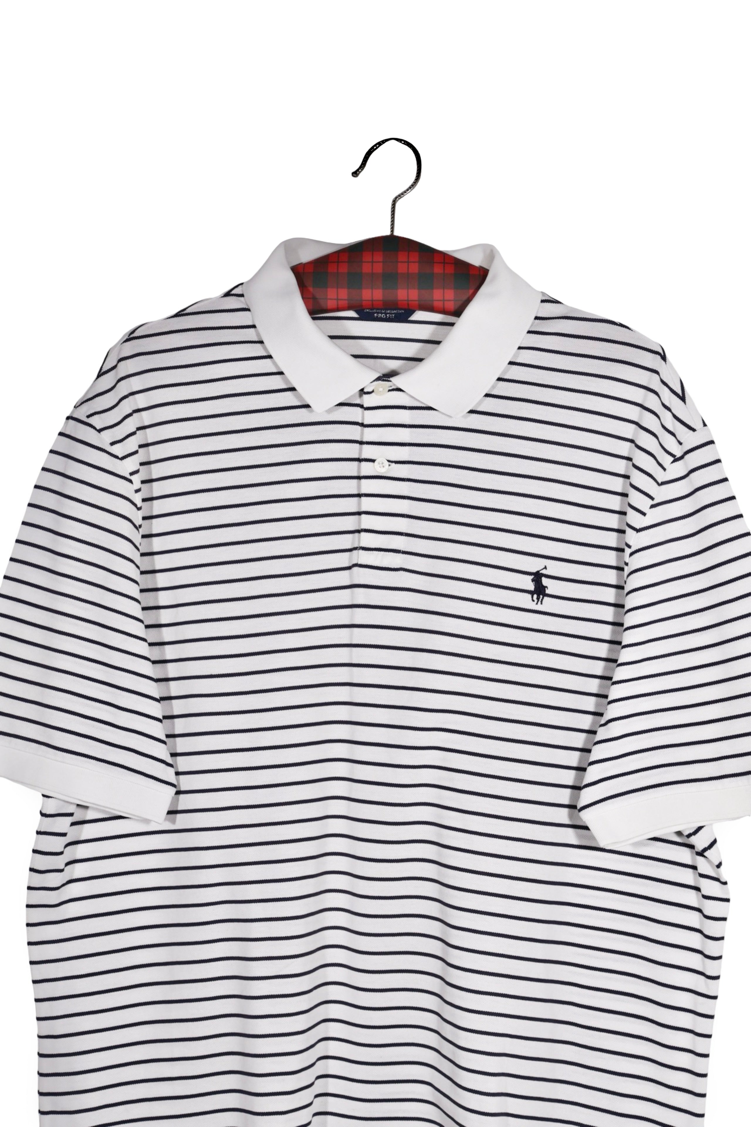 Tricou - RALPH LAUREN albă cu dungi bleumarin si croiala relaxata – XL – Bărbați - detaliu