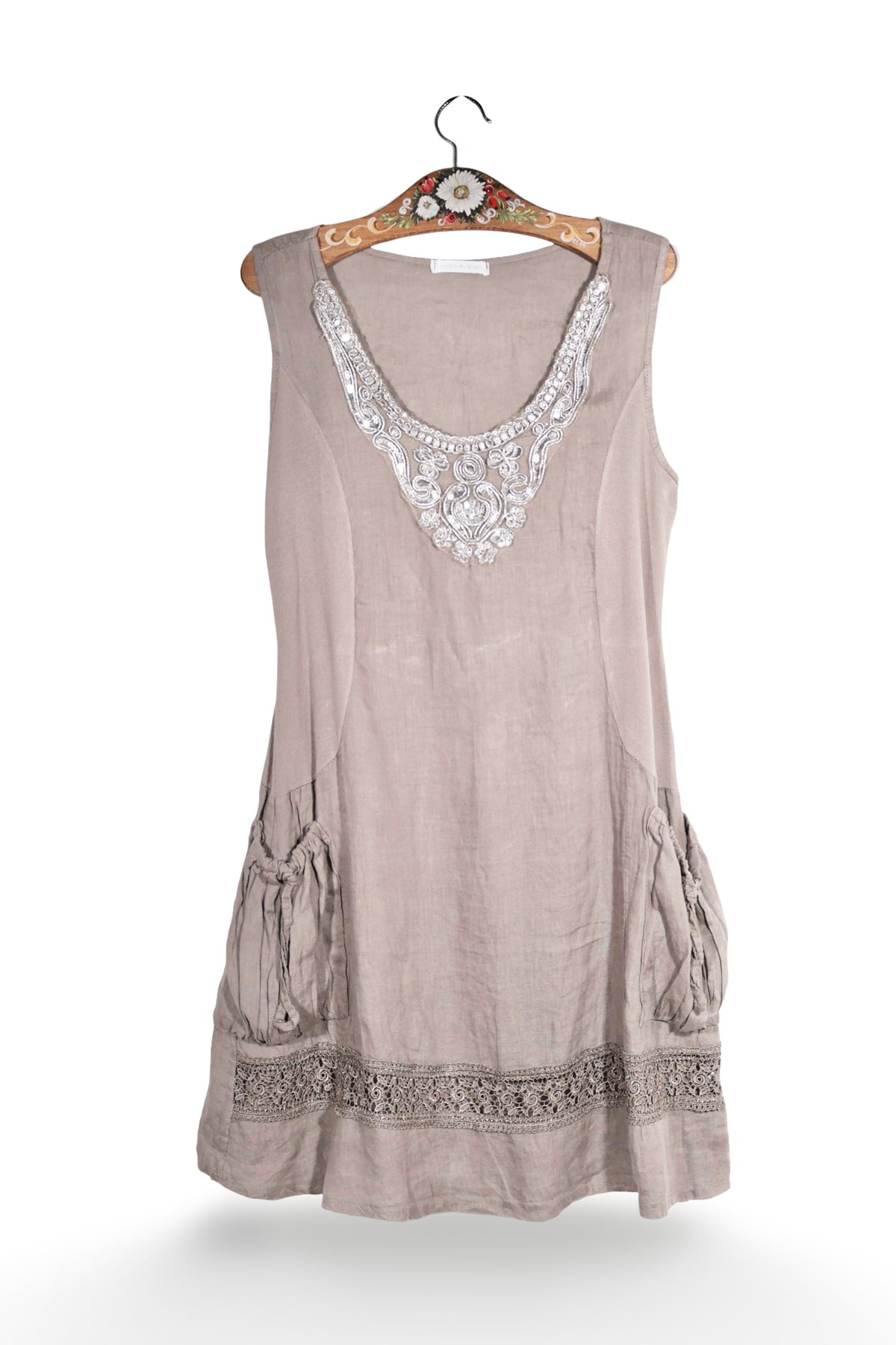 Rochie - Alte Branduri bej-gri din in cu broderie decorativă – XXL – Femei - fata