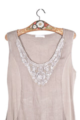 Rochie - Alte Branduri bej-gri din in cu broderie decorativă – XXL – Femei - spate