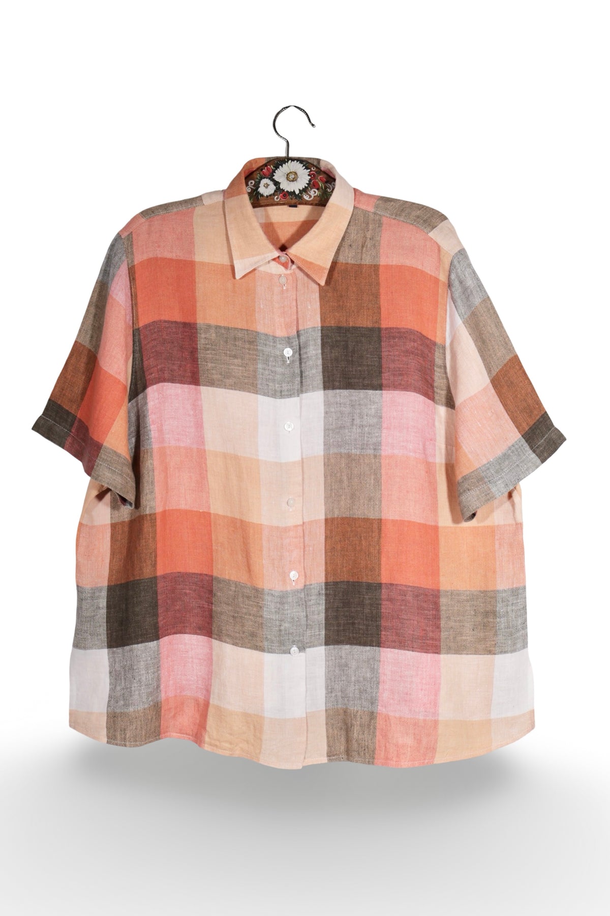 Cămașă - Vintage în carouri pastelate din in cu croială amplă – 3XL – Femei - fata
