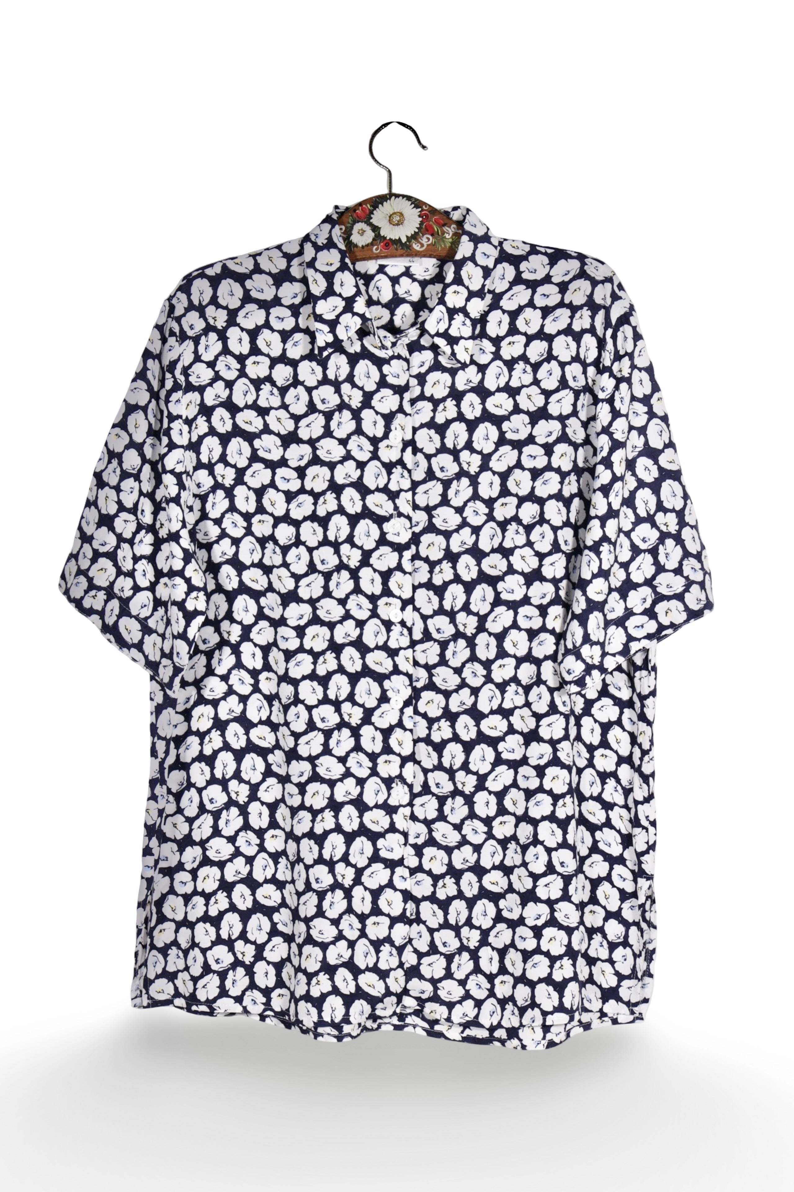 Cămașă - Vintage bleumarin cu imprimeu floral alb – L – Femei - fata