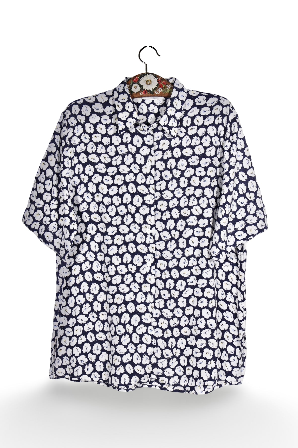 Cămașă - Vintage bleumarin cu imprimeu floral alb – L – Femei - fata