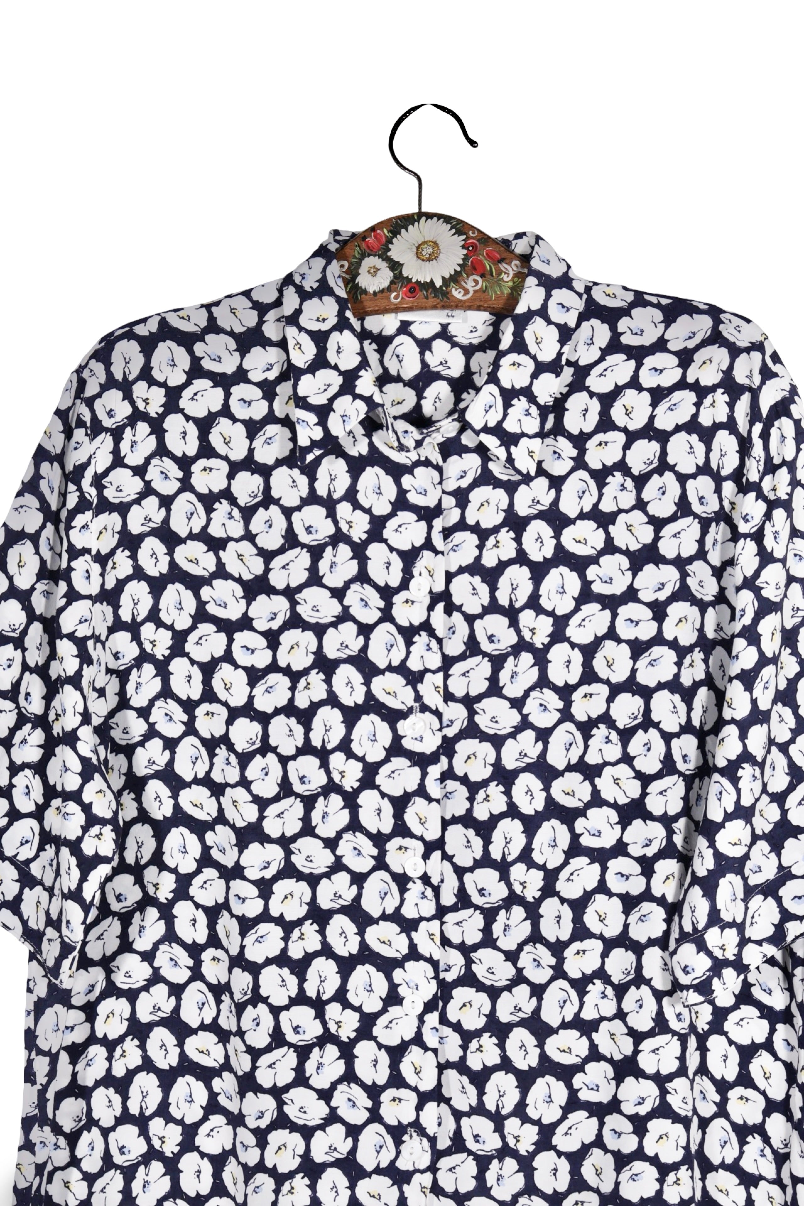 Cămașă - Vintage bleumarin cu imprimeu floral alb – L – Femei - detaliu
