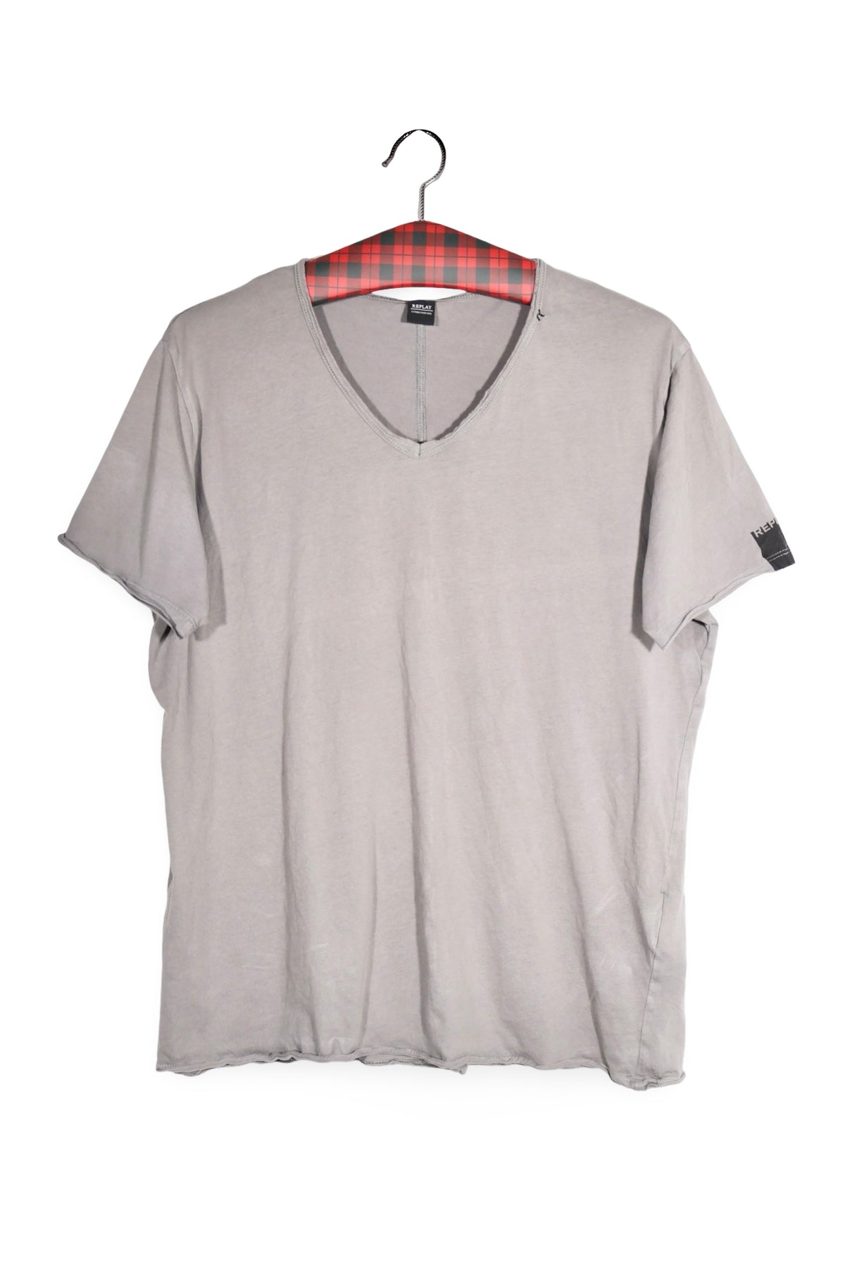 Tricou - Replay gri deschis din bumbac cu decolteu in V – M – Bărbați - fata