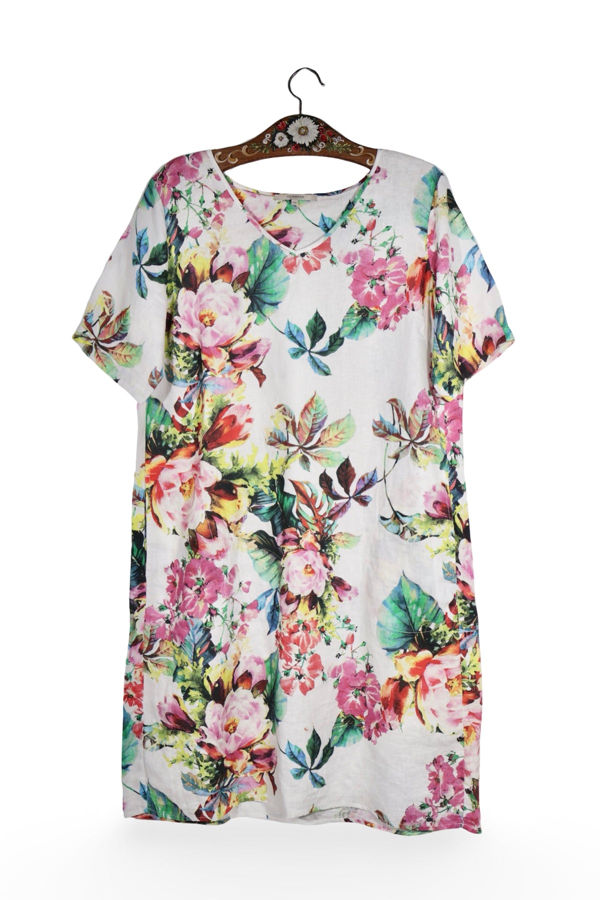 Rochie - Premium albă din in cu imprimeu floral multicolor – L – Femei - fata