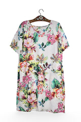 Rochie - Premium albă din in cu imprimeu floral multicolor – L – Femei - fata