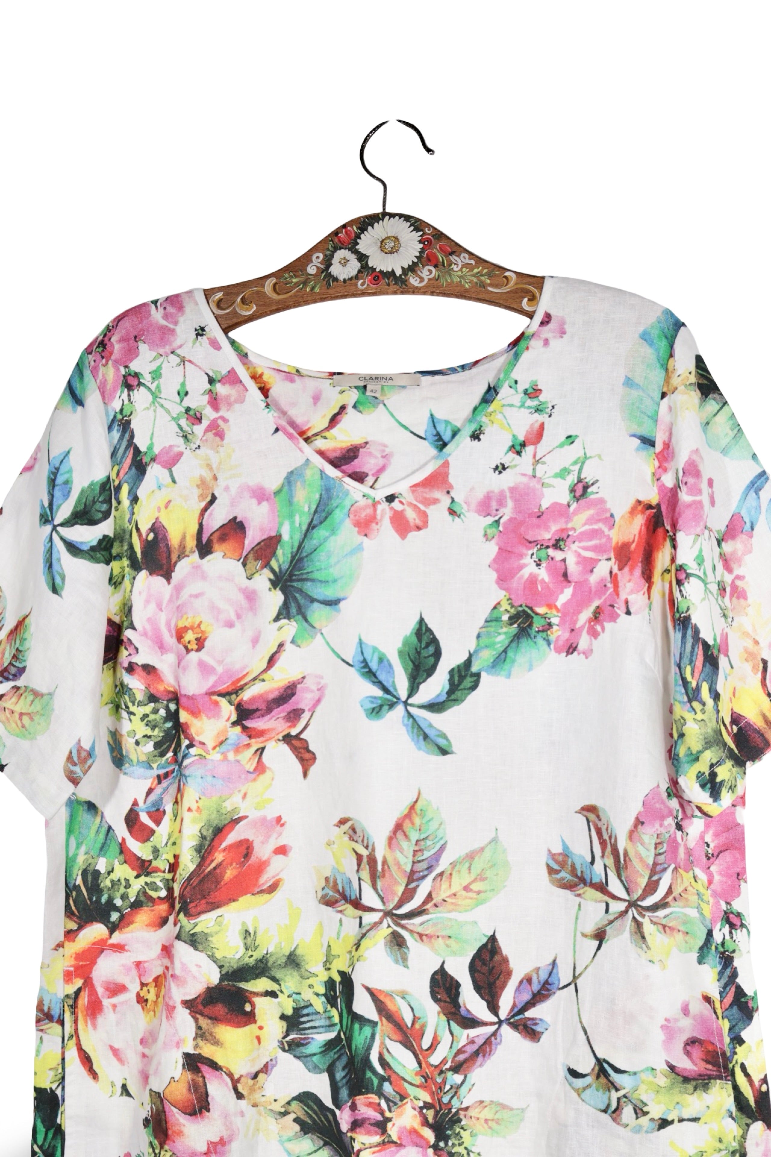 Rochie - Premium albă din in cu imprimeu floral multicolor – L – Femei - detaliu
