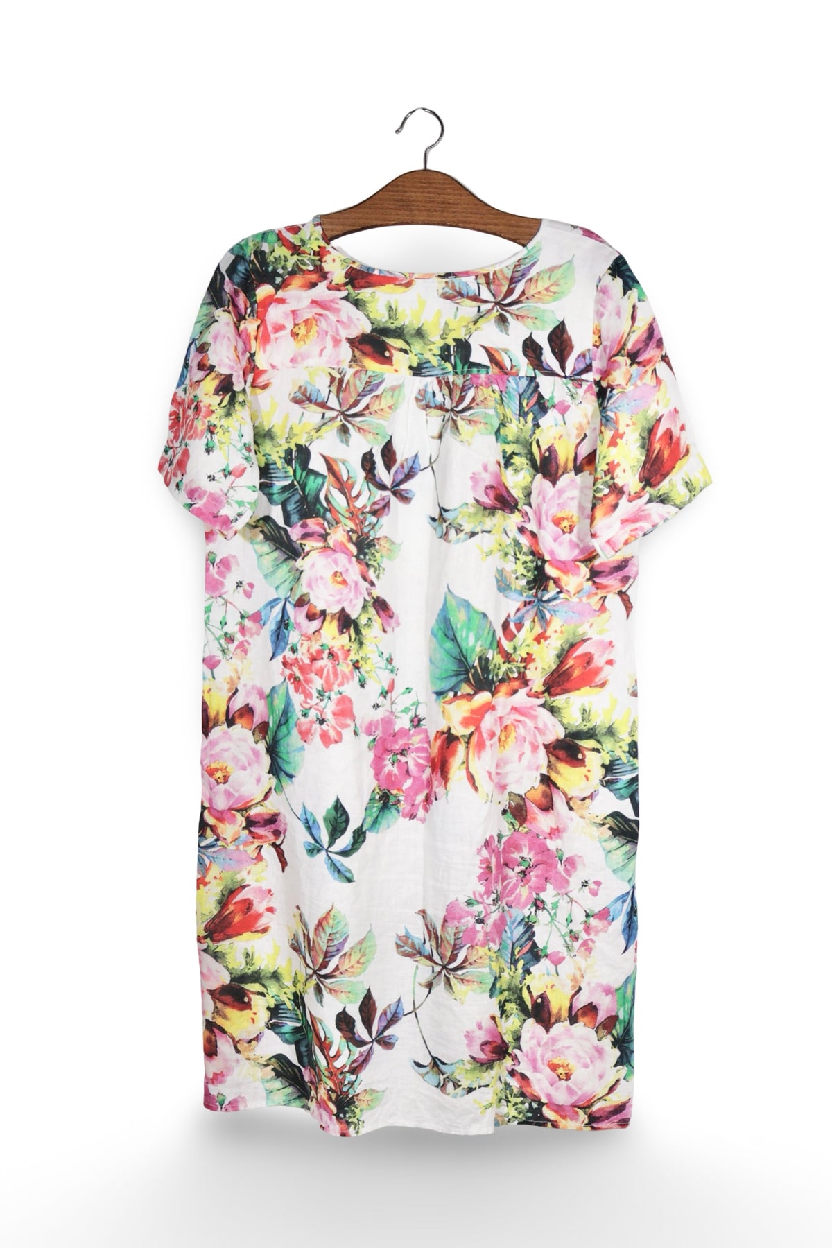 Rochie - Premium albă din in cu imprimeu floral multicolor – L – Femei - spate