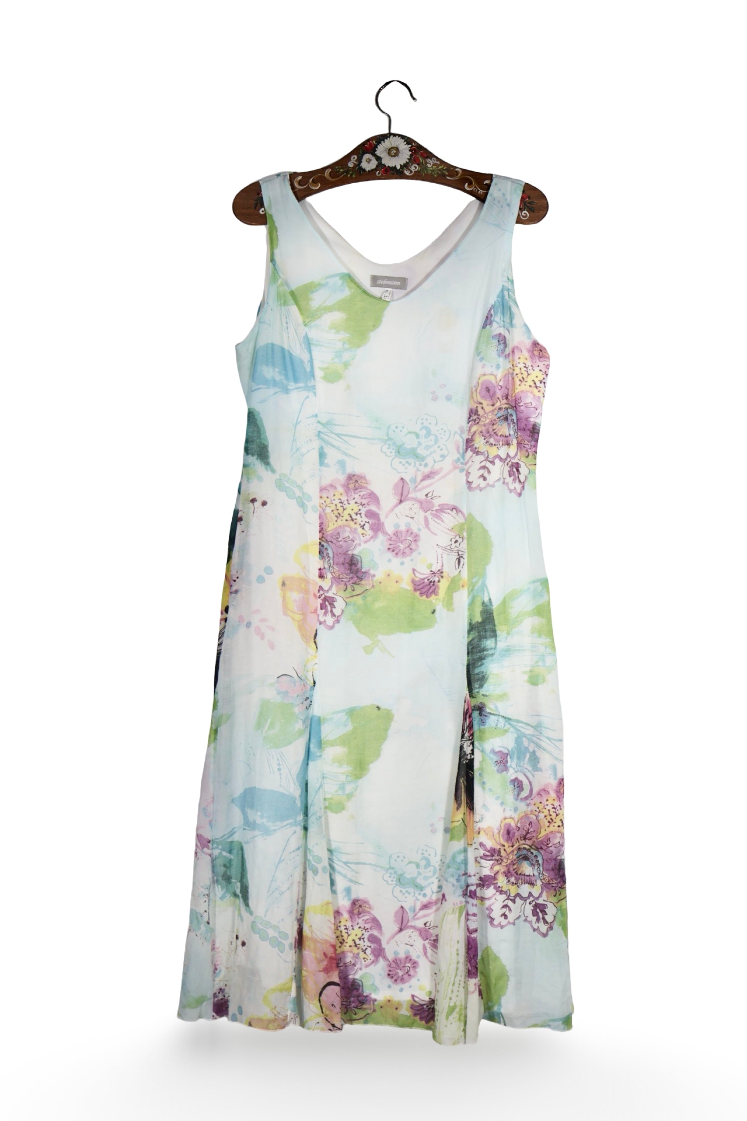 Rochie - Premium din bumbac&matase cu imprimeu floral pastel si croială evazată – L – Femei - fata