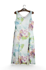 Rochie - Premium din bumbac&matase cu imprimeu floral pastel si croială evazată – L – Femei - fata