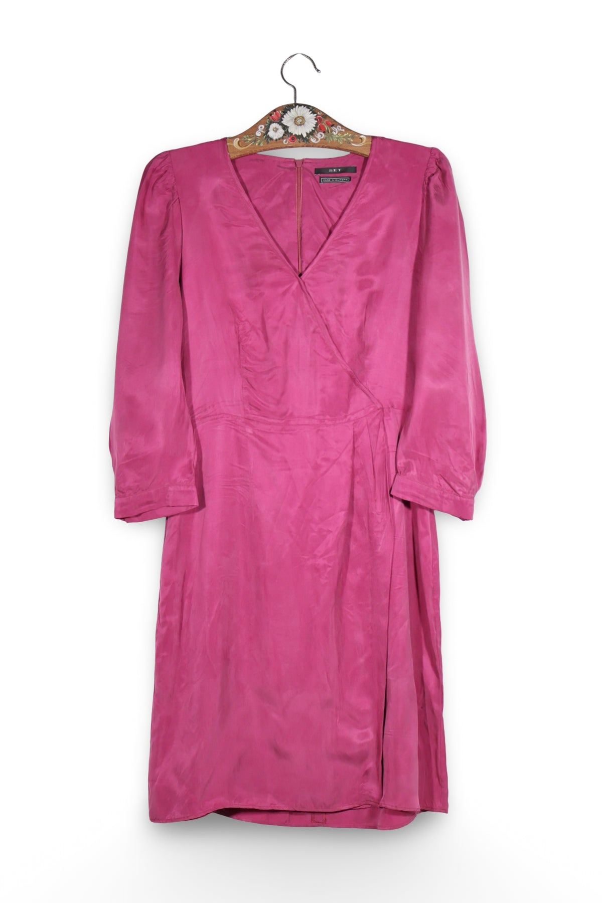 Rochie - Premium fucsia din cupro cu croială petrecută – S – Femei - fata
