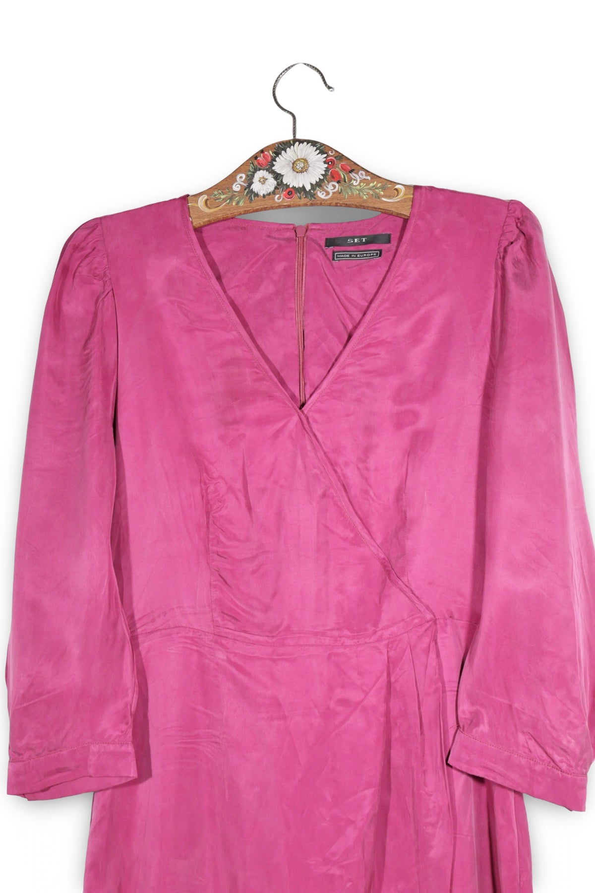 Rochie - Premium fucsia din cupro cu croială petrecută – S – Femei - spate