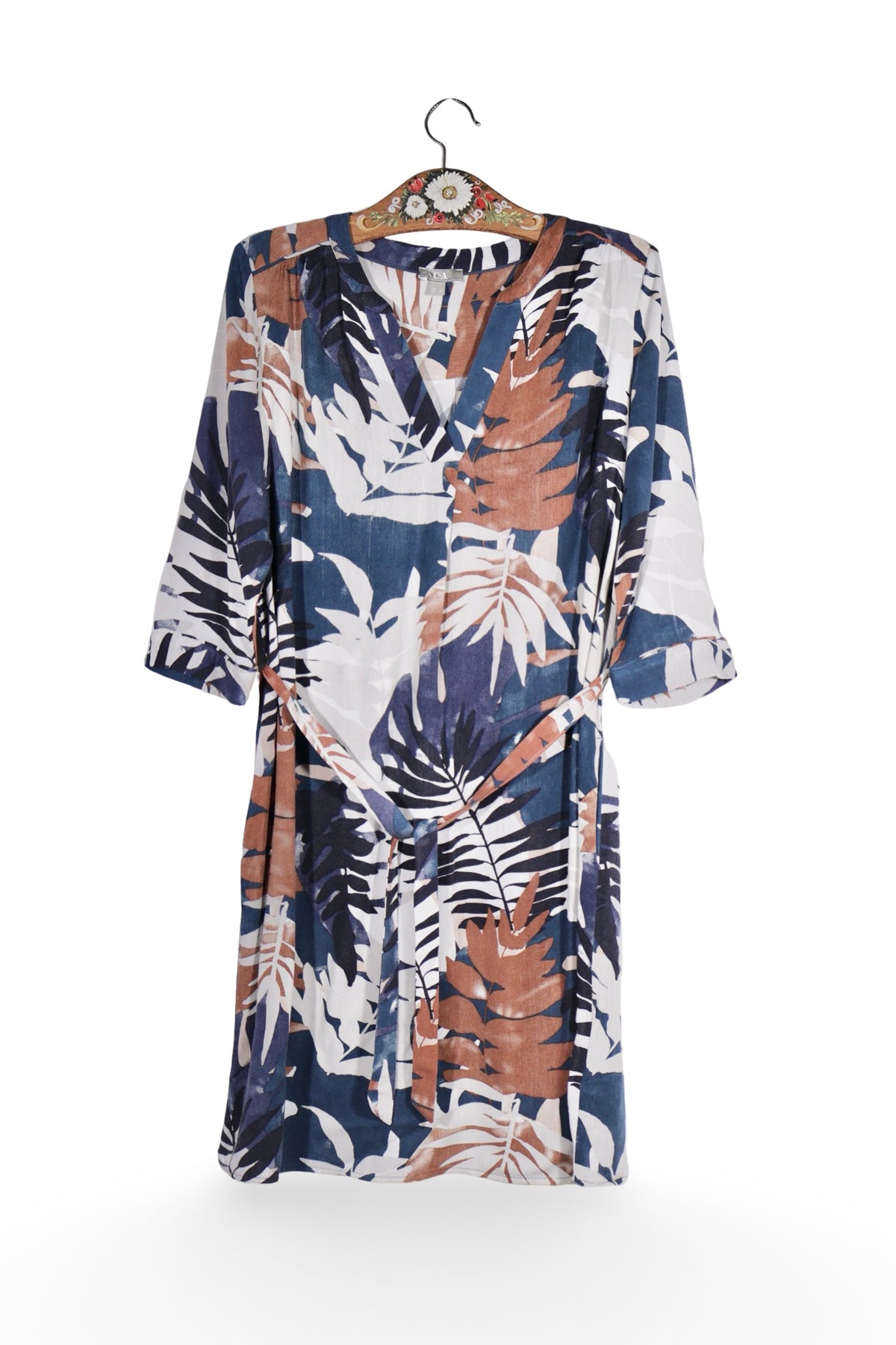Rochie - C&A imprimeu tropical in tonuri de bleumarin si bej – L – Femei - fata