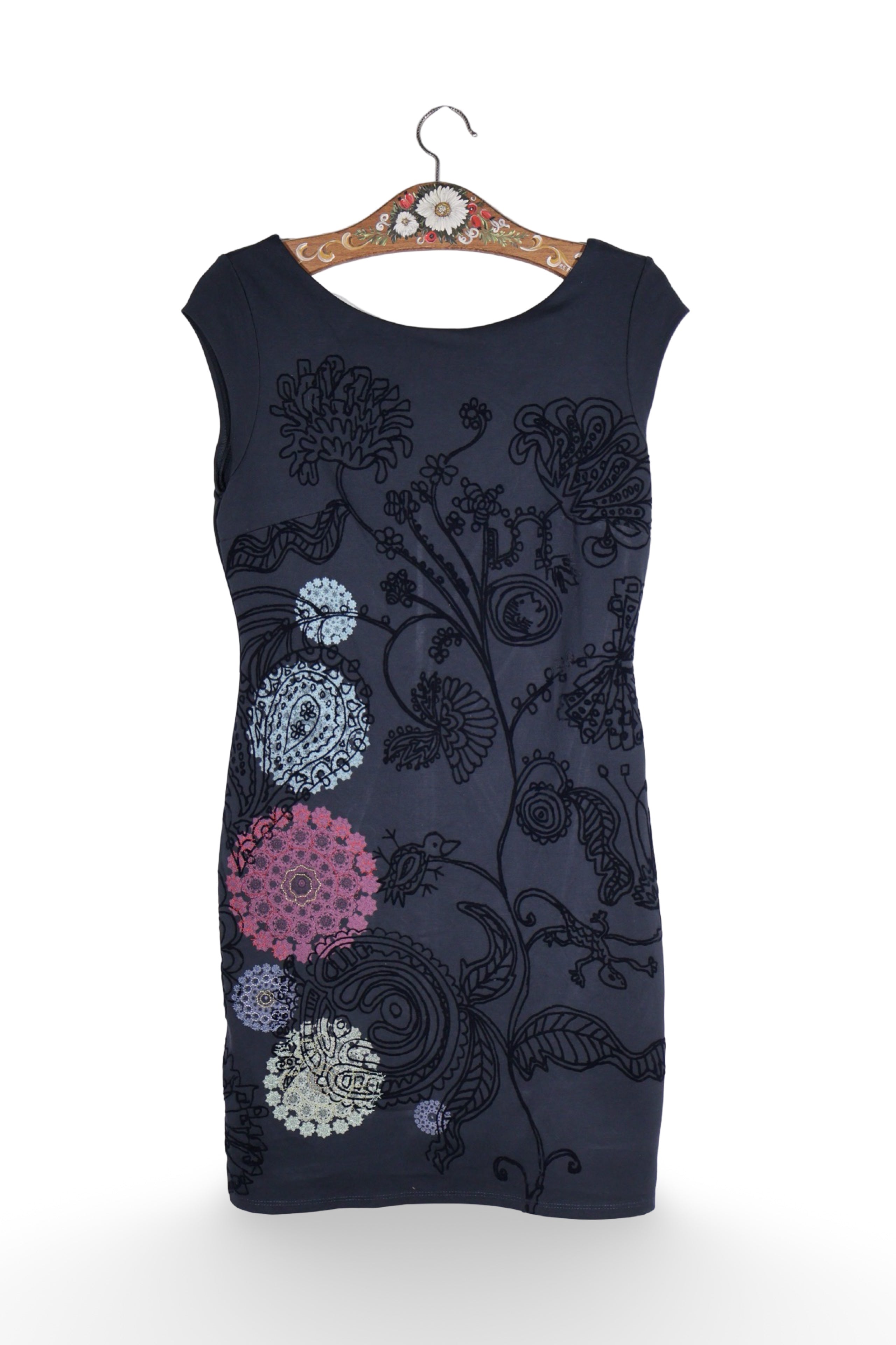 Rochie - Desigual bleumarin cu imprimeu floral-grafic – L – Femei - fata
