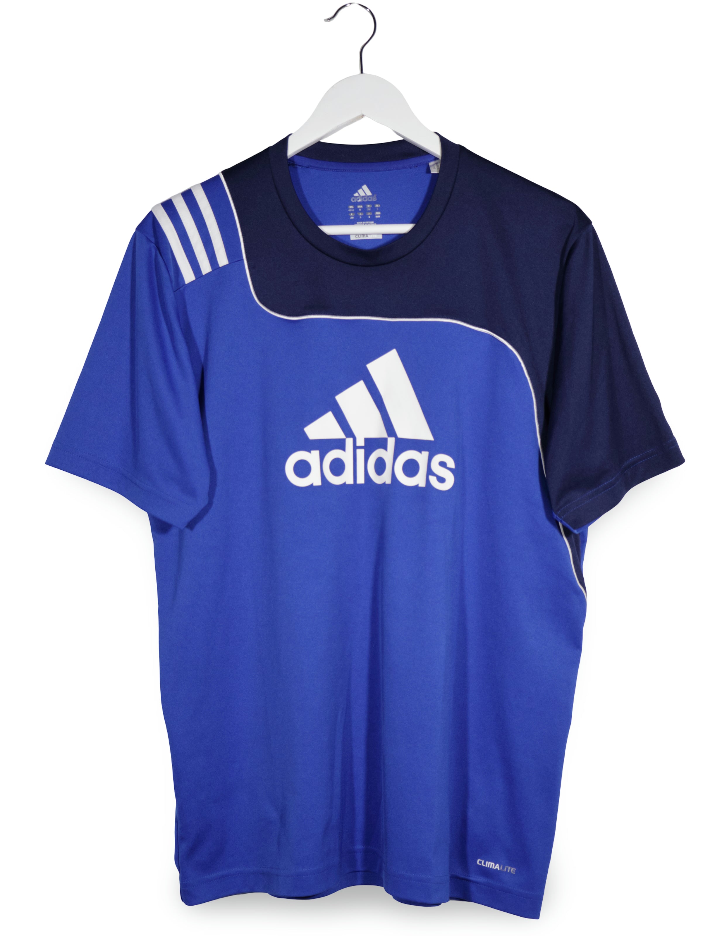 Tricou adidas albastru cu bleumarin si alb mărime L vedere din față second-hand premium