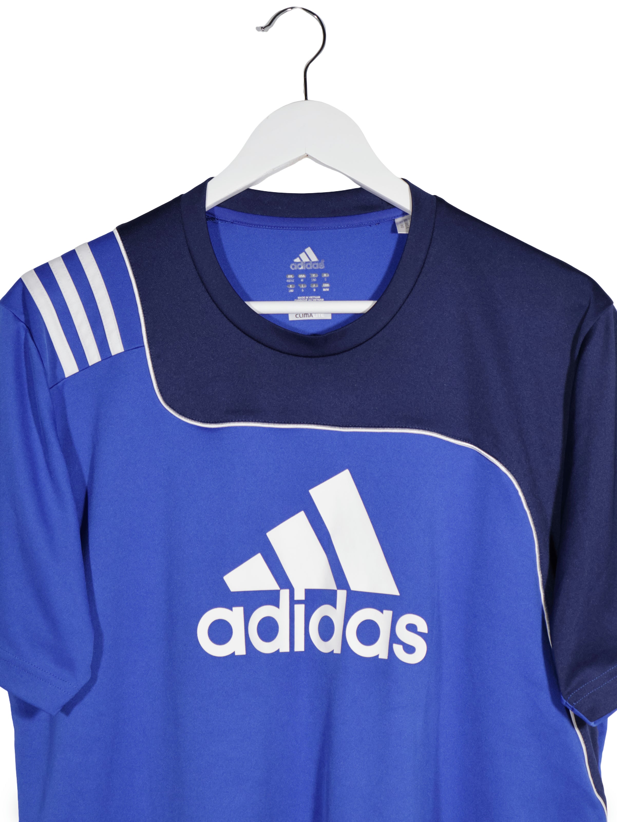 Tricou adidas albastru cu bleumarin si alb mărime L detaliu material și croială second-hand premium