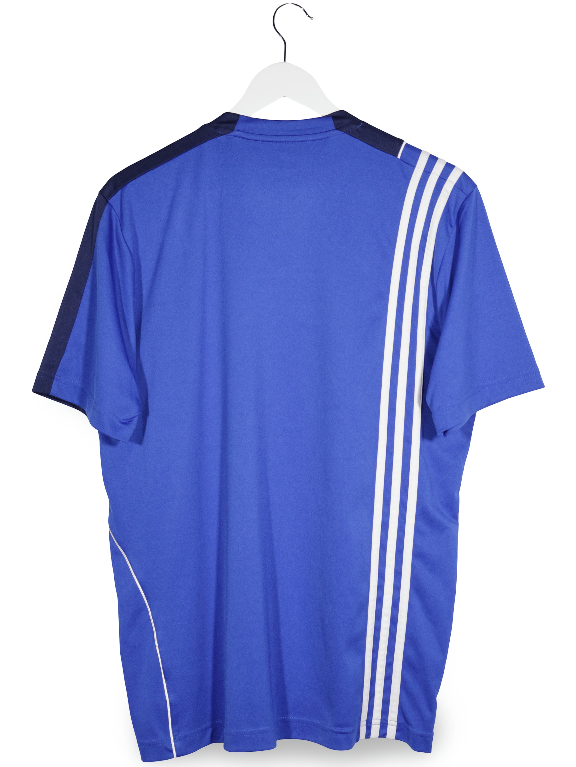 Tricou adidas albastru cu bleumarin si alb mărime L vedere din spate second-hand premium
