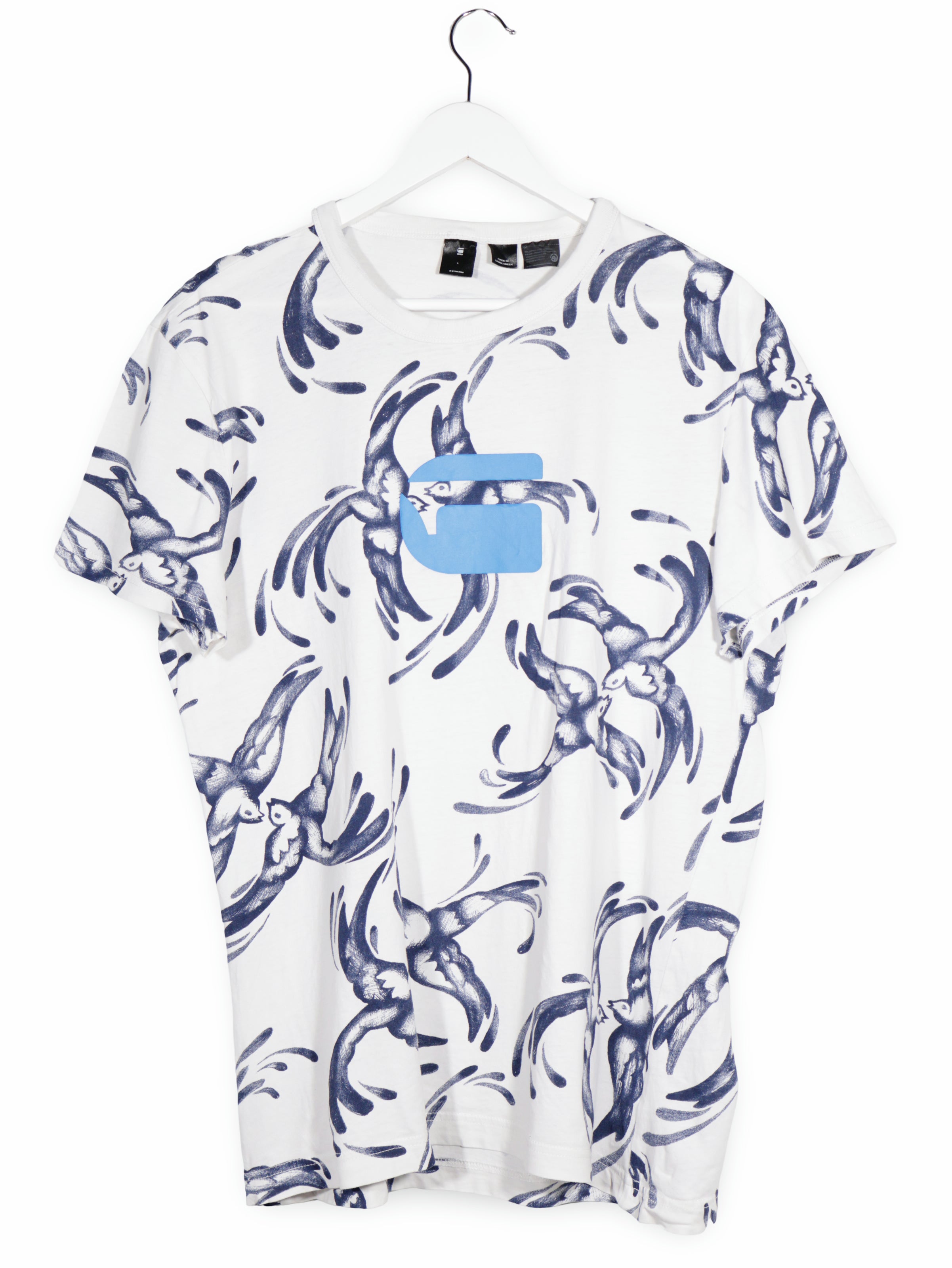 Tricou G-STAR alb cu print albastru mărime L vedere din față second-hand premium