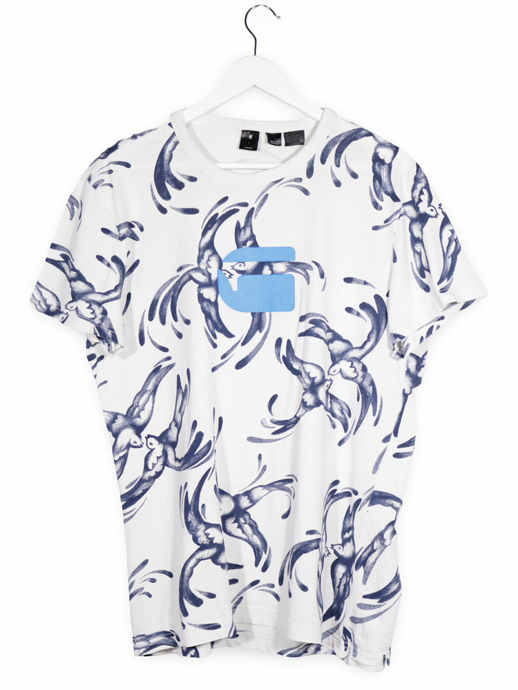 Tricou G-STAR alb cu print albastru mărime L vedere din față second-hand premium