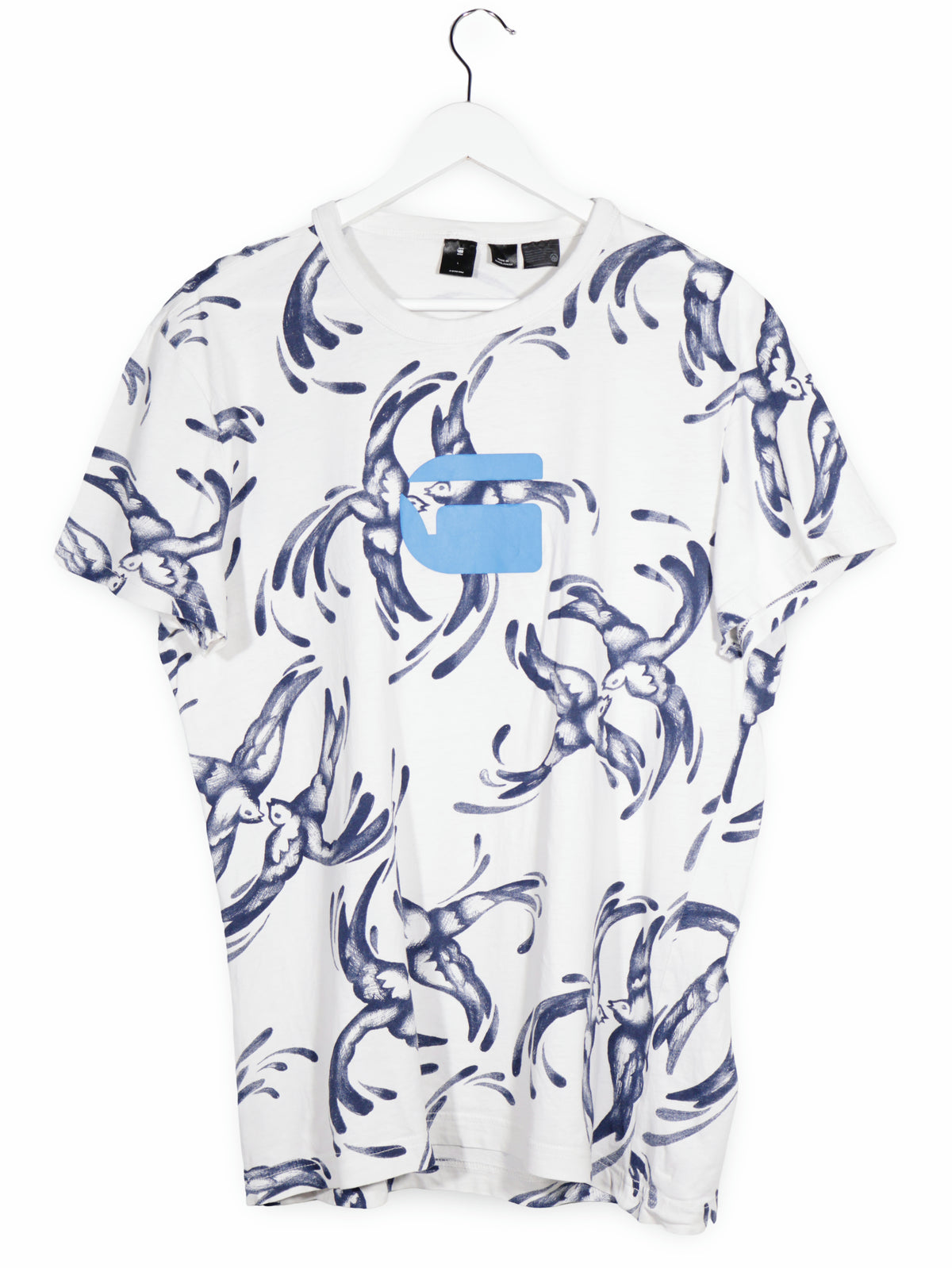 Tricou G-STAR alb cu print albastru mărime L vedere din față second-hand premium