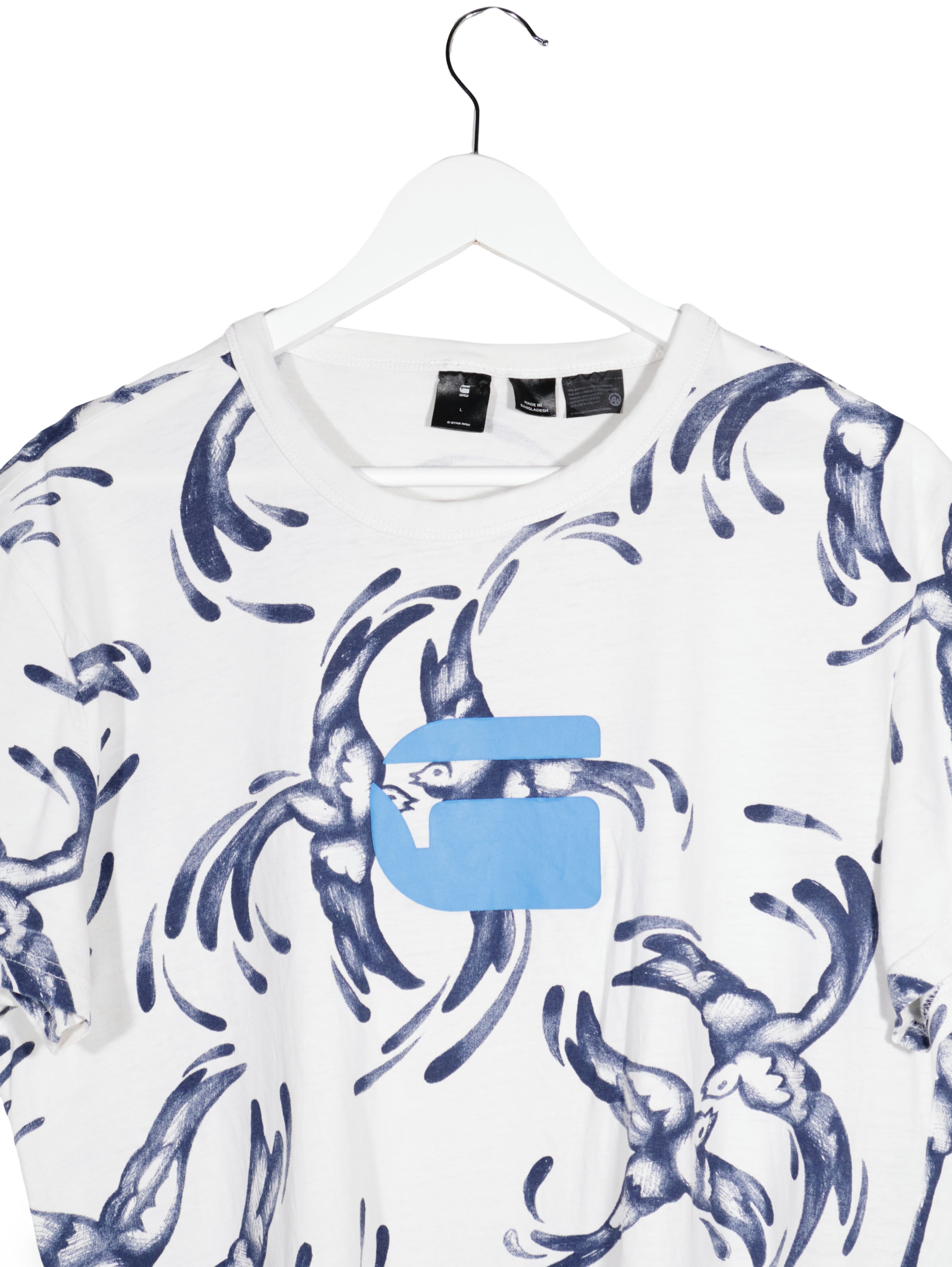 Tricou G-STAR alb cu print albastru mărime L detaliu material și croială second-hand premium