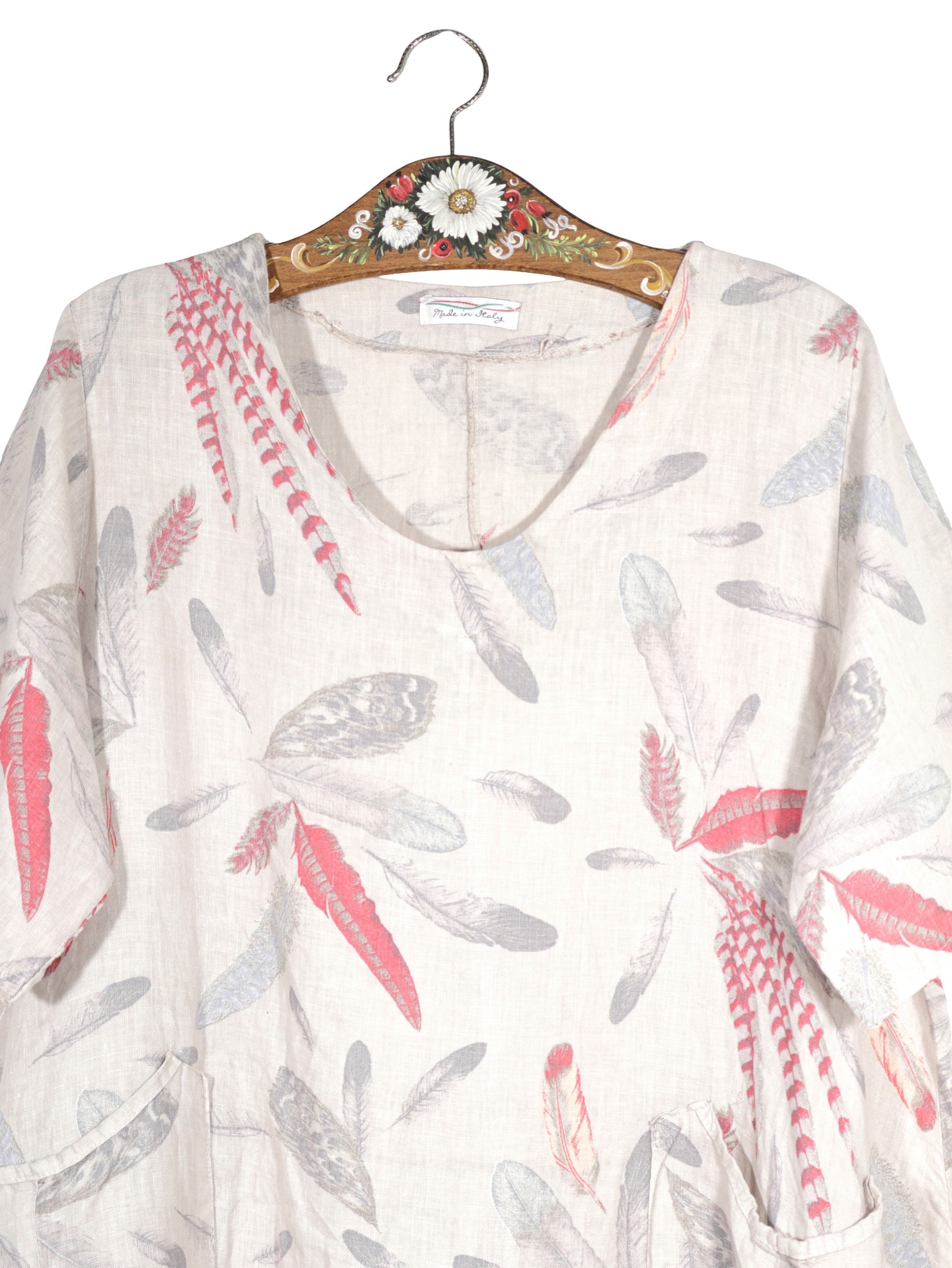 Bluza Luigi Moda crem cu imprimeu floral-penaj în gri și roz mărime L detaliu material și croială second-hand premium