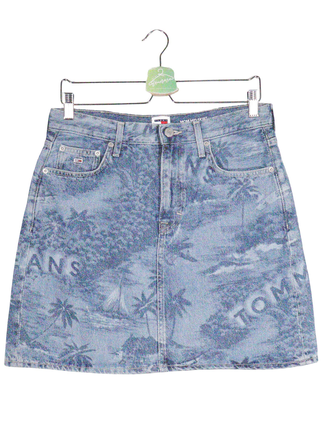 Fusta Tommy Hilfiger albastru denim cu imprimeu tropical estompat mărime L vedere din față second-hand premium