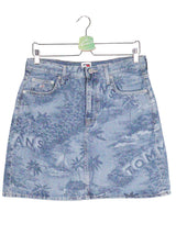 Fusta Tommy Hilfiger albastru denim cu imprimeu tropical estompat mărime L vedere din față second-hand premium