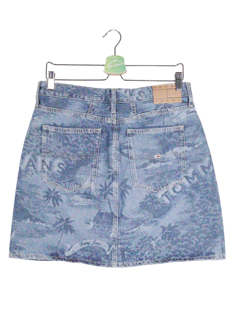 Fusta Tommy Hilfiger albastru denim cu imprimeu tropical estompat mărime L detaliu material și croială second-hand premium