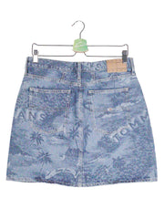 Fusta Tommy Hilfiger albastru denim cu imprimeu tropical estompat mărime L detaliu material și croială second-hand premium