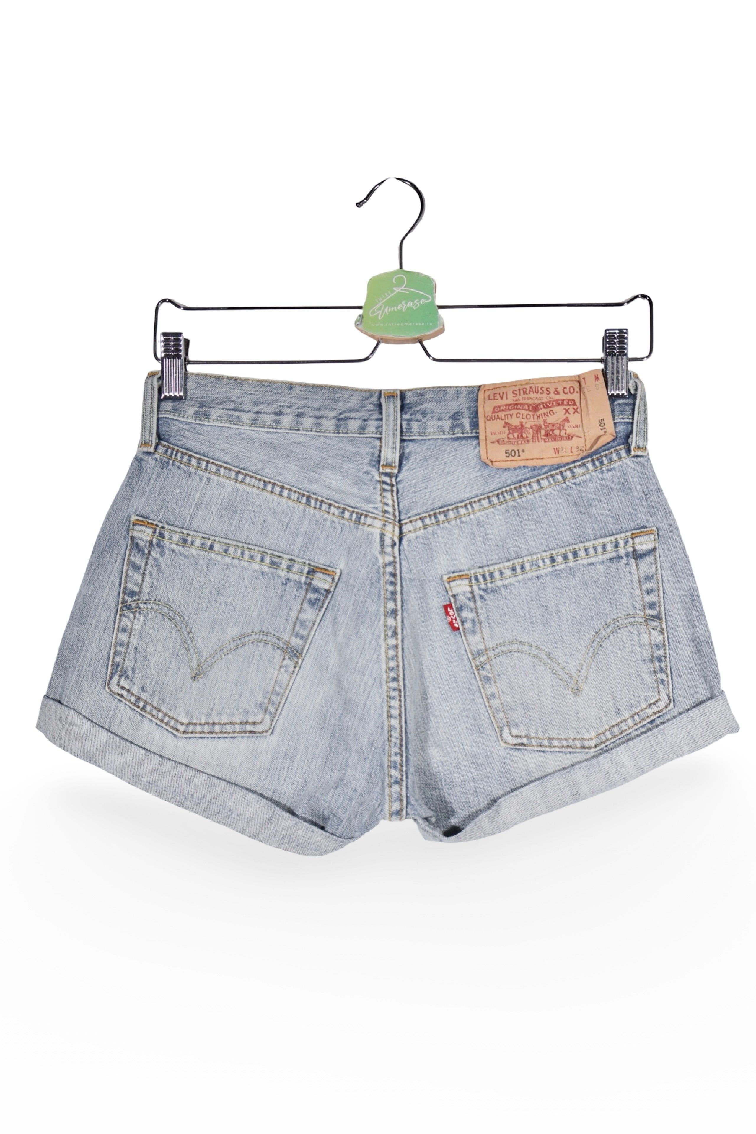 Blugi scurți - Levi's albaștri deschiși din denim cu tiv răsucit – S – Femei - detaliu