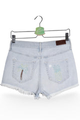 Blugi scurți - Hollister albastru deschis cu tiv franjurat si broderii discrete – S – Femei - fata