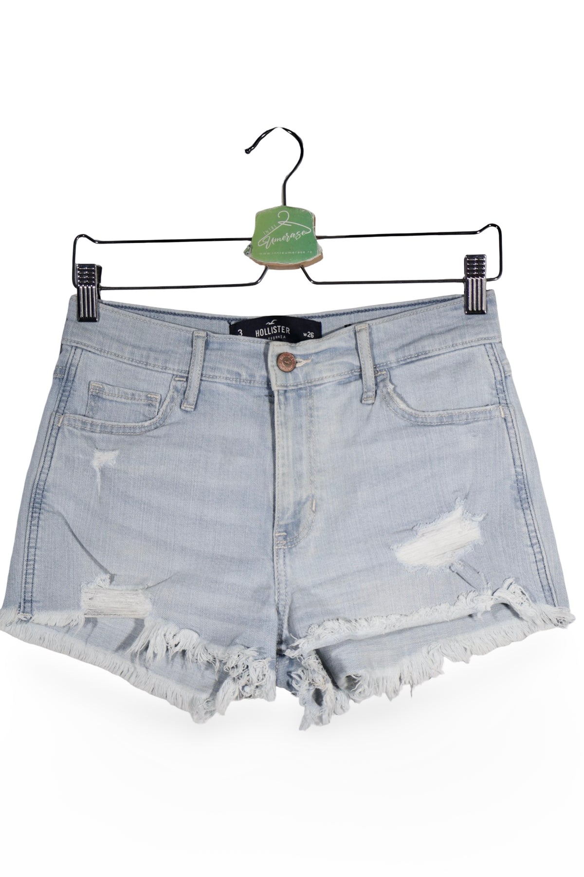 Blugi scurți - Hollister albastru deschis cu tiv franjurat si broderii discrete – S – Femei - spate